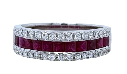 18Kt White Gold Band With (11) Carre Cut Rubies Weighing 0.97ct And (34) Round Diamonds Weighing 0.34ct