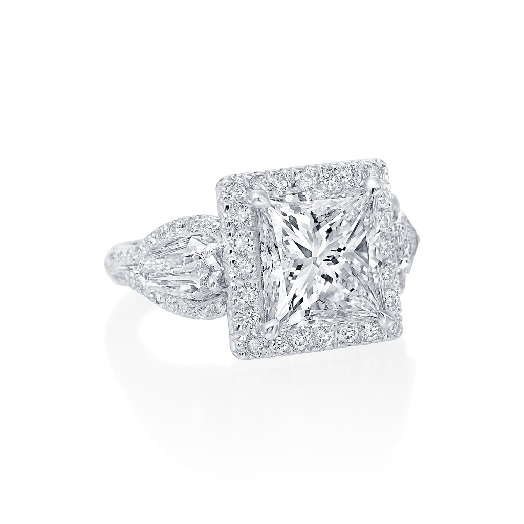 Platinum Ring With A Princess Cut Diamond Weighing 5.05ct, (2) Kite Shaped Diamonds Weighing 0.81ct, And (80) Round Diamonds Weighing 0.85ct