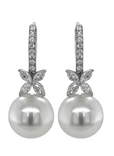 18Kt White Gold Pearl Drop Earrings With Marquise And Round Diamonds Weighing 0.78cttw