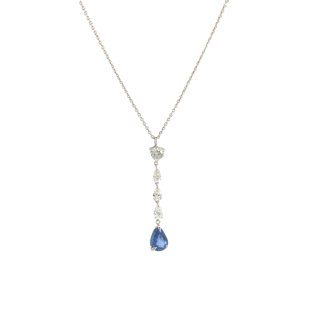 18Kt White Gold Dangle Necklace With A Pear Shaped Sapphire Weighing 0.73ct, (3) Pear Shaped Diamonds Weighing 0.27ct, And A Round Diamond Weighing 0.23ct
