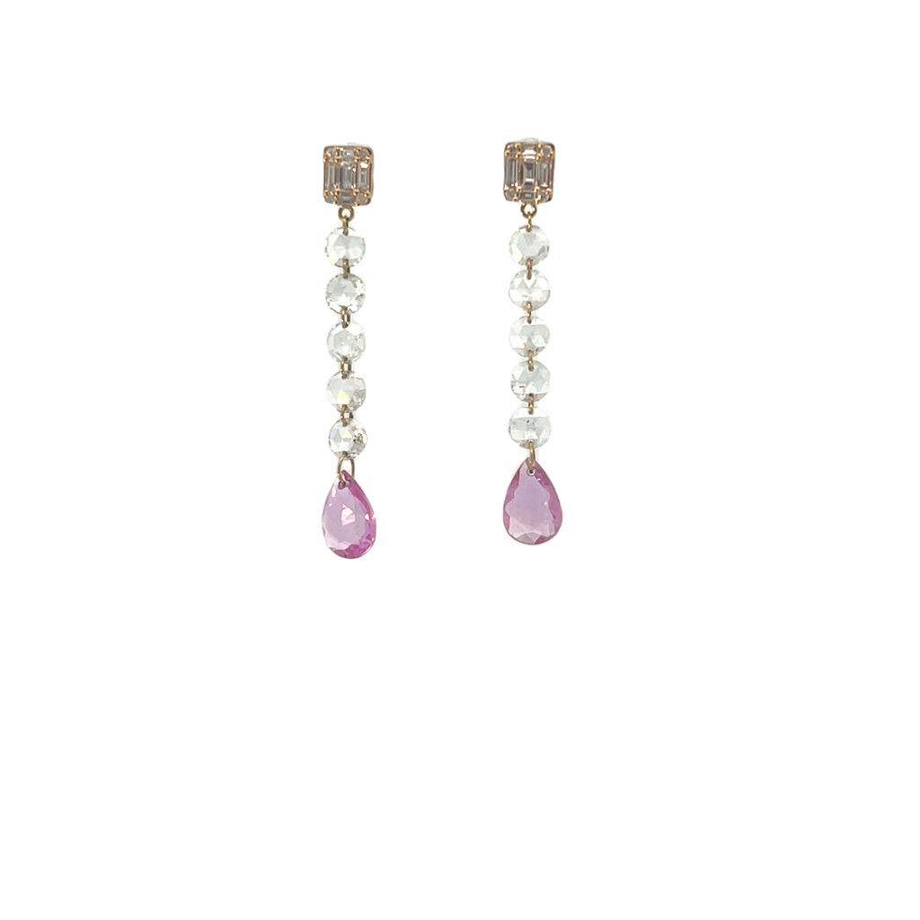 18Kt Yellow Gold Dangle Earrings With (2) Pink Sapphires Weighing 1.31ct, (10) Rose Cut Diamonds Weighing 1.00ct, And (18) Baguette And Round Diamonds Weighing 0.23ct