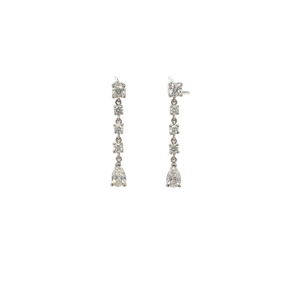 18Kt White Gold Dangle Earrings With (2) Pear Shaped Diamonds Weighing 0.64ct, (6) Round Diamonds Weighing 0.35ct, And (2) Cushion Cut Diamonds Weighing 0.42ct