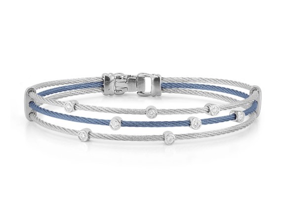 18Kt White Gold Grey And Island Blue Nautical Cable Three Strand Scattered Station Bracelet With (8) Round Diamonds Weighing 0.17cttw