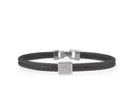 18Kt White Gold Black Nautical Cable Square Station Bracelet With (18) Round Diamonds Weighing 0.15cttw
