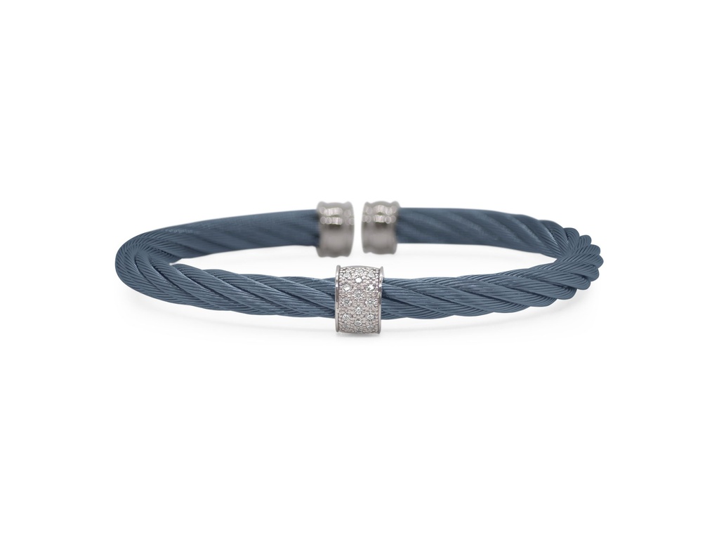 18Kt White Gold Blueberry Twisted Nautical Cable Single Barrel Station Cuff Bracelet With (16) Round Diamonds Weighing 0.13cttw
