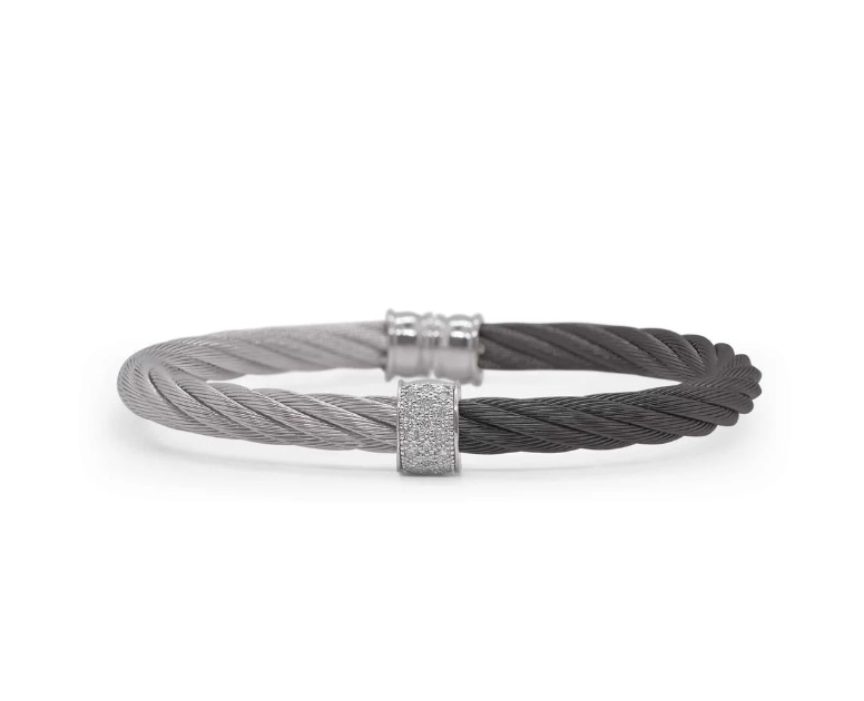 18Kt White Gold Grey And Black Nautical Cable Cuff Bracelet With (16) Round Diamonds Weighing 0.13cttw