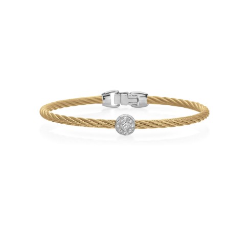 18Kt White Gold Yellow Nautical Cable Single Barrel Station Bracelet With (8) Round Diamonds Weighing 0.07cttw