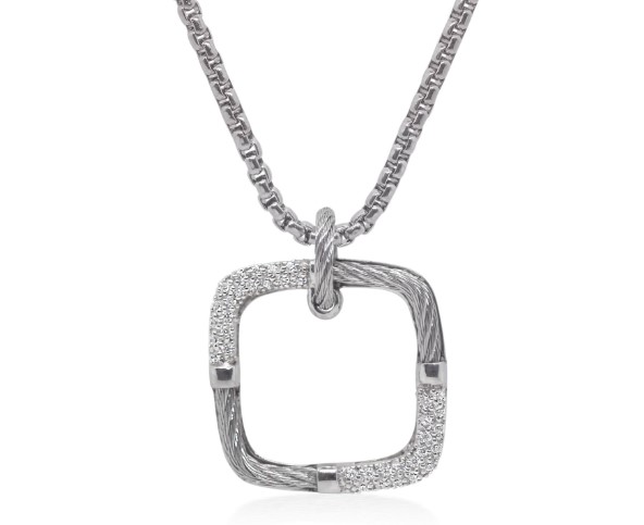 14Kt White Gold Grey Nautical Cable Square Station Necklace With (38) Round Diamonds Weighing 0.18cttw
