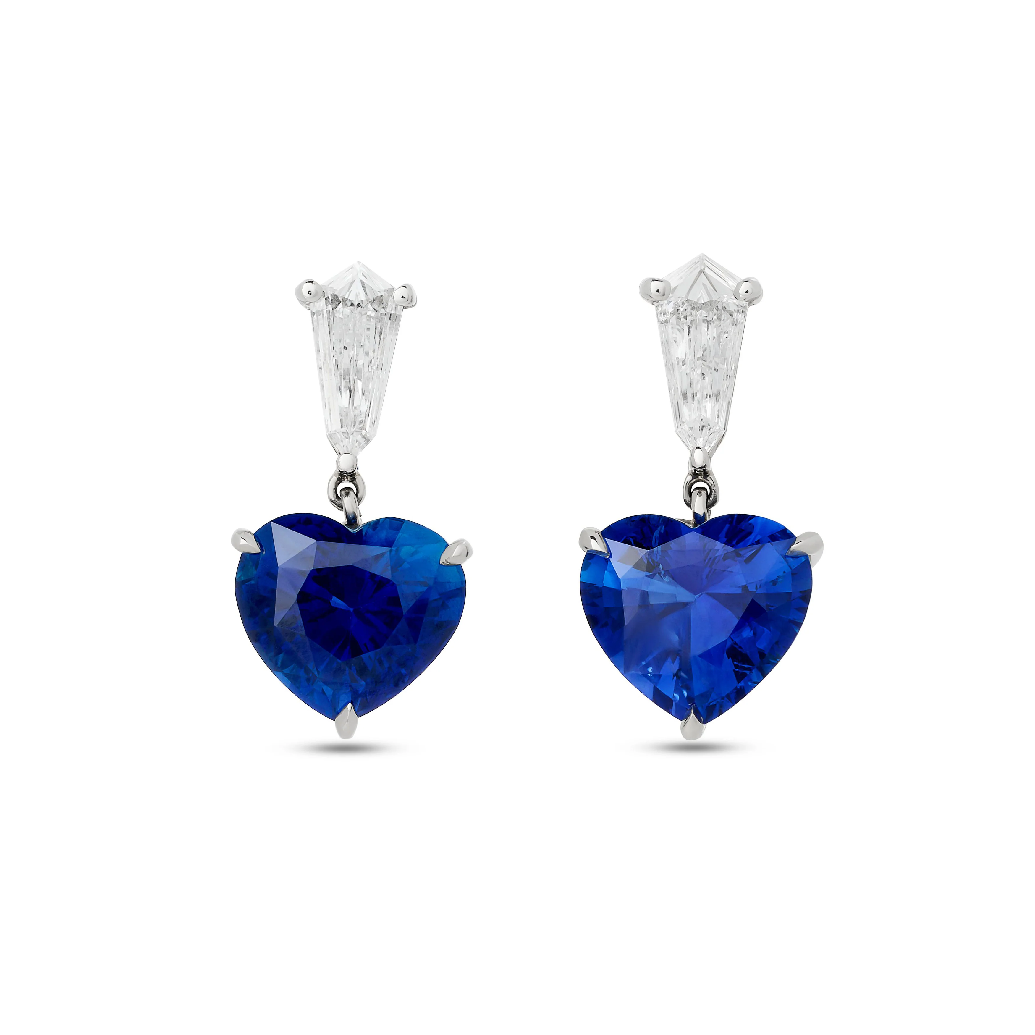 [PRTE80767-P] Platinum Drop Earrings With (2) Heart Shaped Sapphires Weighing 7.57ct And (2) Kite Shaped Diamonds Weighing 0.80ct