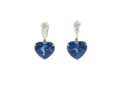 Platinum Drop Earrings With (2) Heart Shaped Sapphires Weighing 7.57ct And (2) Kite Shaped Diamonds Weighing 0.80ct