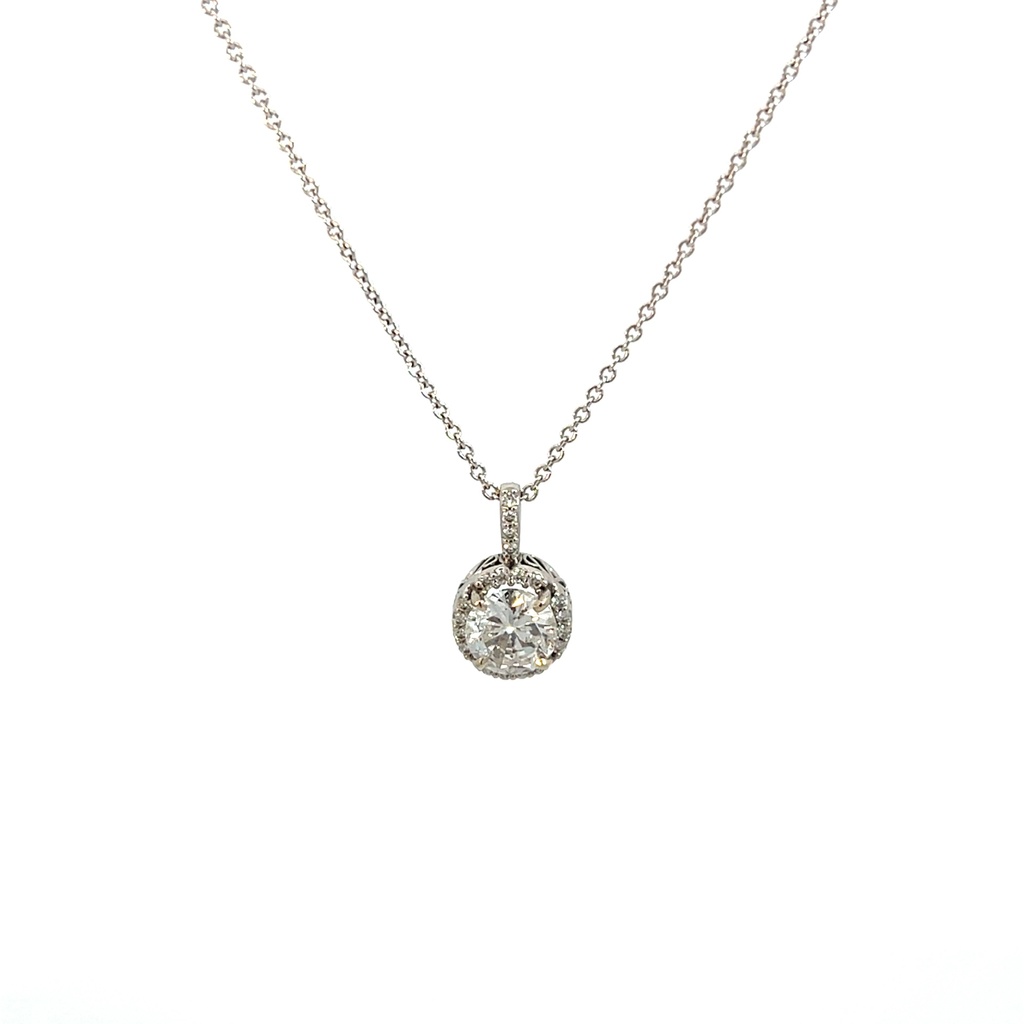 [80045967] 14Kt White Gold Necklace With A Center Diamond Weighing 1.09ct And A Round Diamond Halo Weighing 0.08ct