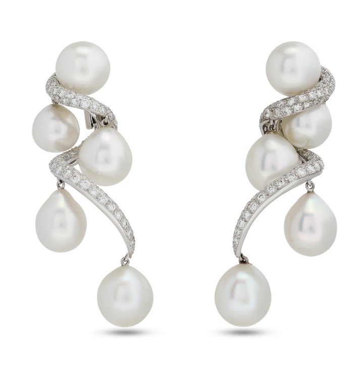 14Kt White Gold Diamond And Pearl Swirl Dangle Earrings 3.50cttw