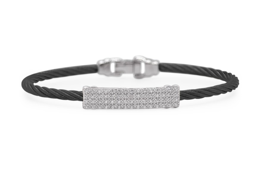 18Kt White Gold Black Nautical Cable ID Station Bracelet With (60) Round Diamonds Weighing 0.30cttw