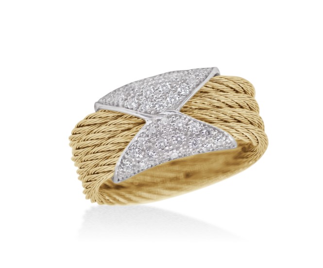 18Kt White Gold Yellow Nautical Cable Hourglass Band With (32) Round Diamonds Weighing 0.16cttw