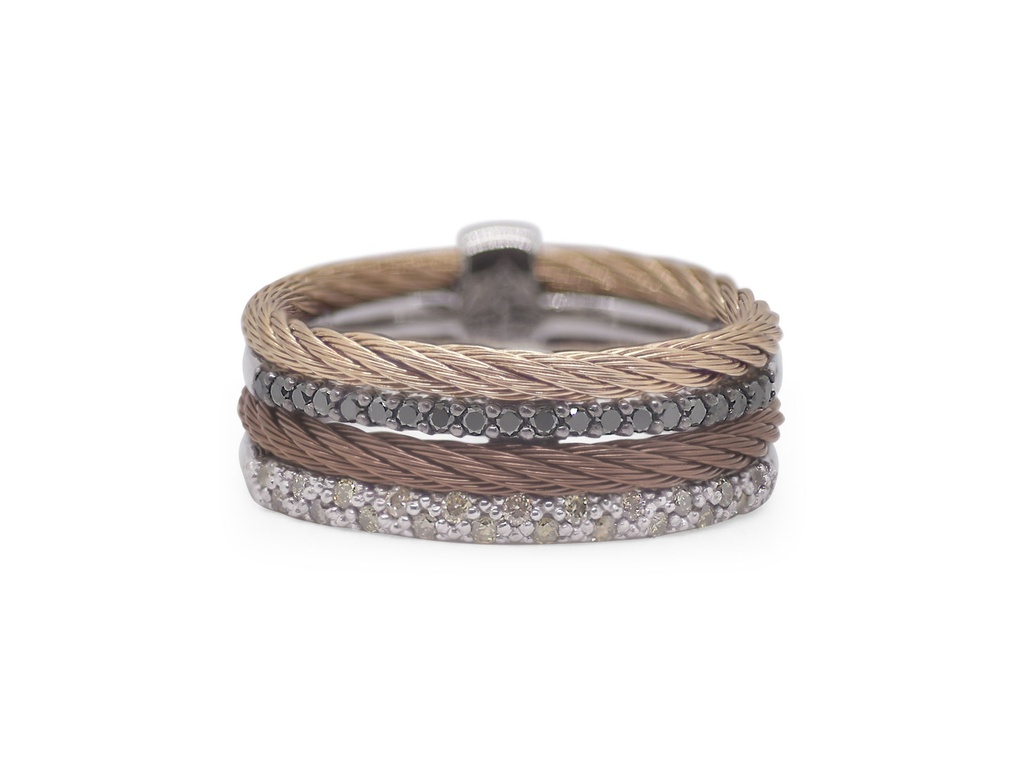 18Kt White Gold Carnation And Bronze Nautical Cable Four Row Ring With (20) Black Diamonds And (23) Champagne Diamonds Weighing 0.36cttw
