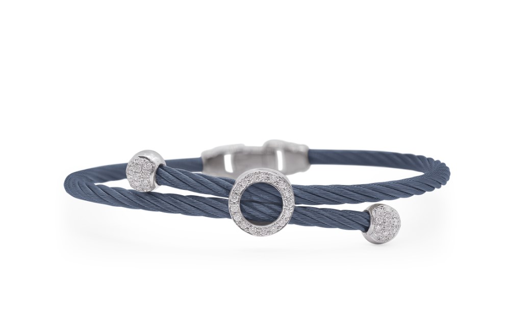 18Kt White Gold Blueberry Nautical Cable Bypass Bracelet With (45) Round Diamonds Weighing 0.20cttw