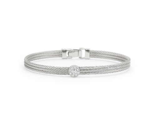 18Kt White Gold Grey Nautical Cable 3 Row Single Circle Station Bracelet With (9) Round Diamonds Weighing 0.05cttw