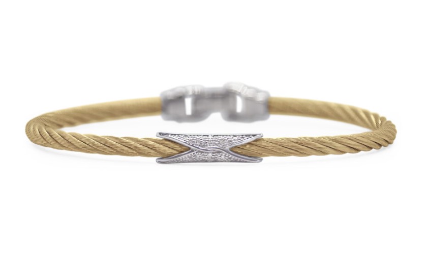 18Kt White Gold Yellow Nautical Cable Hourglass Bangle With (14) Round Diamonds Weighing 0.07cttw