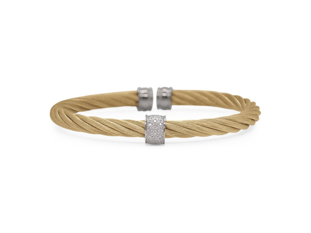 18Kt White Gold Yellow Twisted Nautical Cable Single Barrel Station Cuff Bracelet With (16) Round Diamonds Weighing 0.13cttw