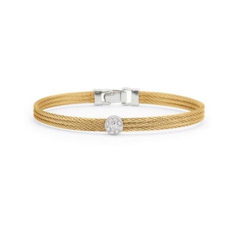 18Kt White Gold Yellow Nautical Cable Three Row Single Circle Station Bracelet With (9) Round Diamonds Weighing 0.05cttw