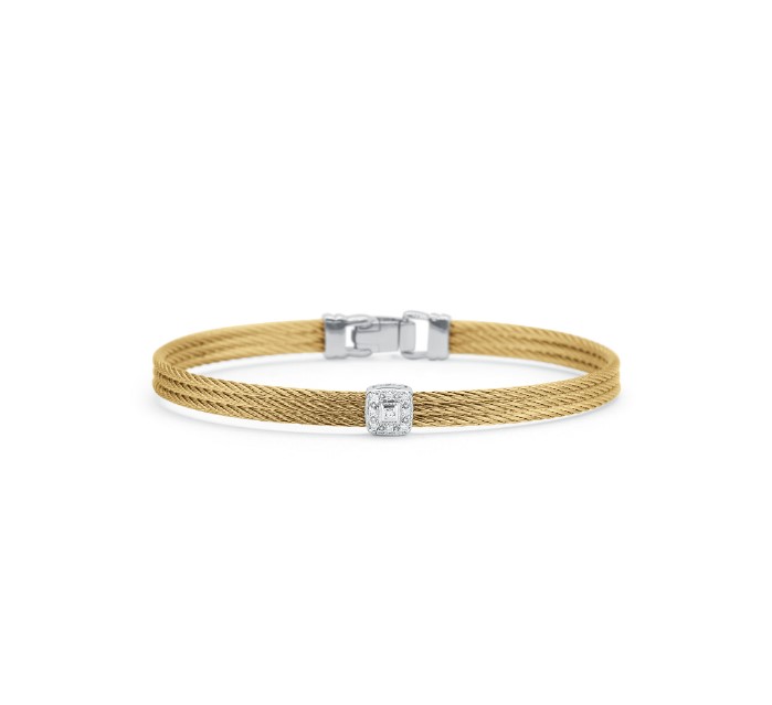 18Kt White Gold Yellow Nautical Cable Three Row Single Square Station Bracelet With (9) Round Diamonds Weighing 0.05cttw