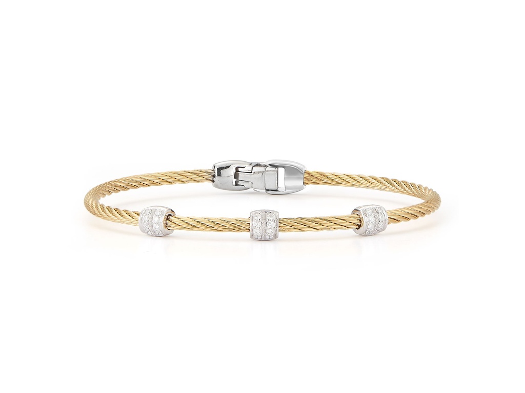 18Kt White Gold Yellow Nautical Cable Three Barrel Station Bracelet With (24) Round Diamonds Weighing 0.21cttw