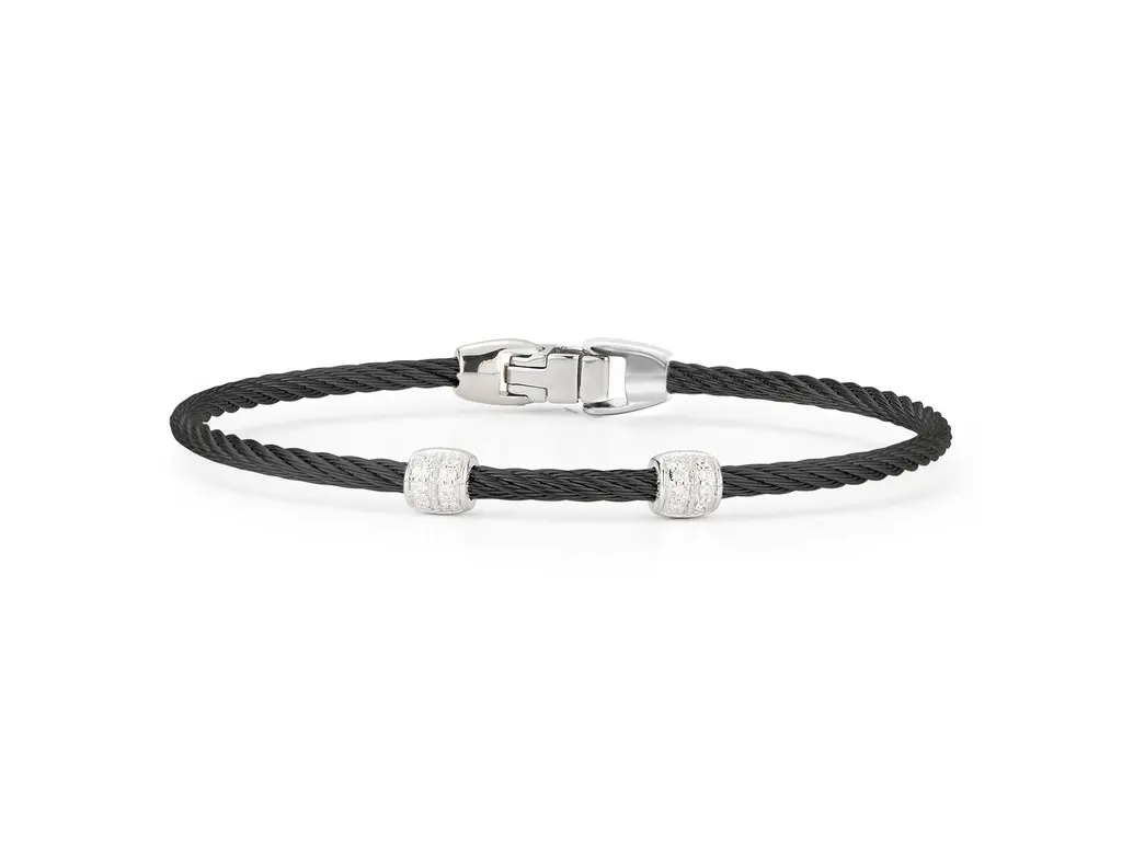 18Kt White Gold Black Nautical Cable Double Barrel Station Bracelet With (16) Round Diamonds Weighing 0.13cttw