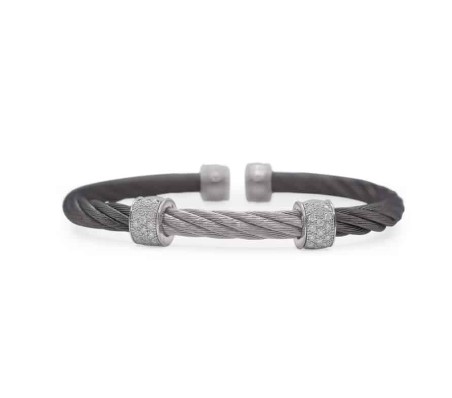 18Kt White Gold Black And Grey Nautical Cable Double Barrel Cuff Bracelet With (32) Round Diamonds Weighing 0.27cttw