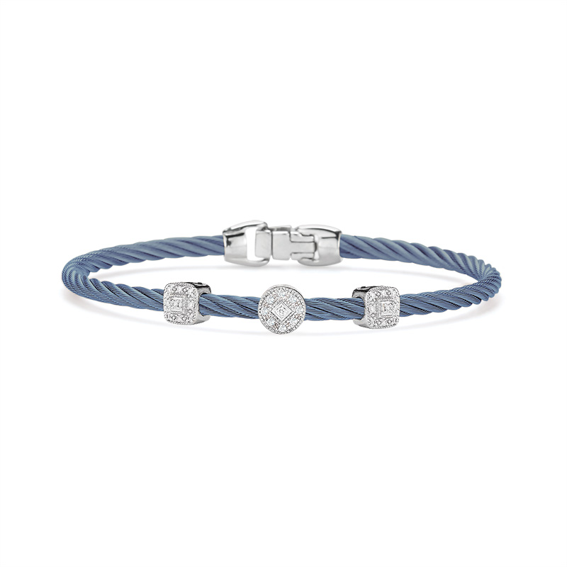 18Kt White Gold Diamond Three Station Bracelet With Island Blue Nautical Cable 0.14cttw