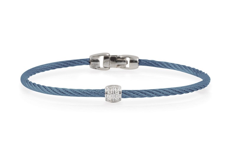 [04-64-S917-11] 18Kt White Gold Island Blue Nautical Cable Single Barrel Bracelet With 8 Round Diamonds Weighing 0.07cttw