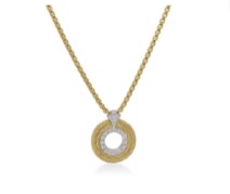 14Kt White Gold Yellow Nautical Cable Three Row Circle Pendant Necklace With (18) Round Diamonds Weighing 0.15cttw