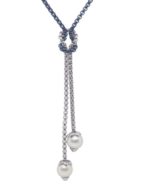Stainless Steel Grey And Blueberry Chain Freshwater Pearl Knotted Lariat