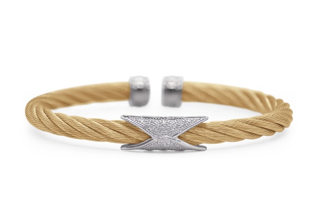 18Kt White Gold Yellow Nautical Cable Hourglass 5mm Cuff With (22) Round Diamonds Weighing 0.11cttw