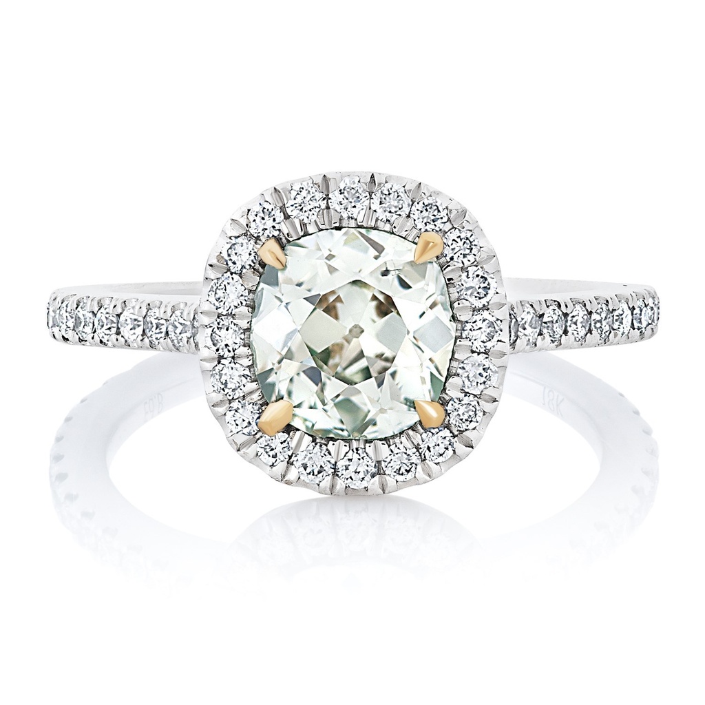 18Kt White Gold Ring With A Light Green OMC Diamond Weighing 1.27ct And (48) Round Diamonds Weighing 0.50ct