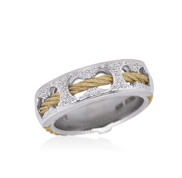 18Kt White Gold Yellow Nautical Cable Passthrough Ring With (30) Round Diamonds Weighing 0.15cttw