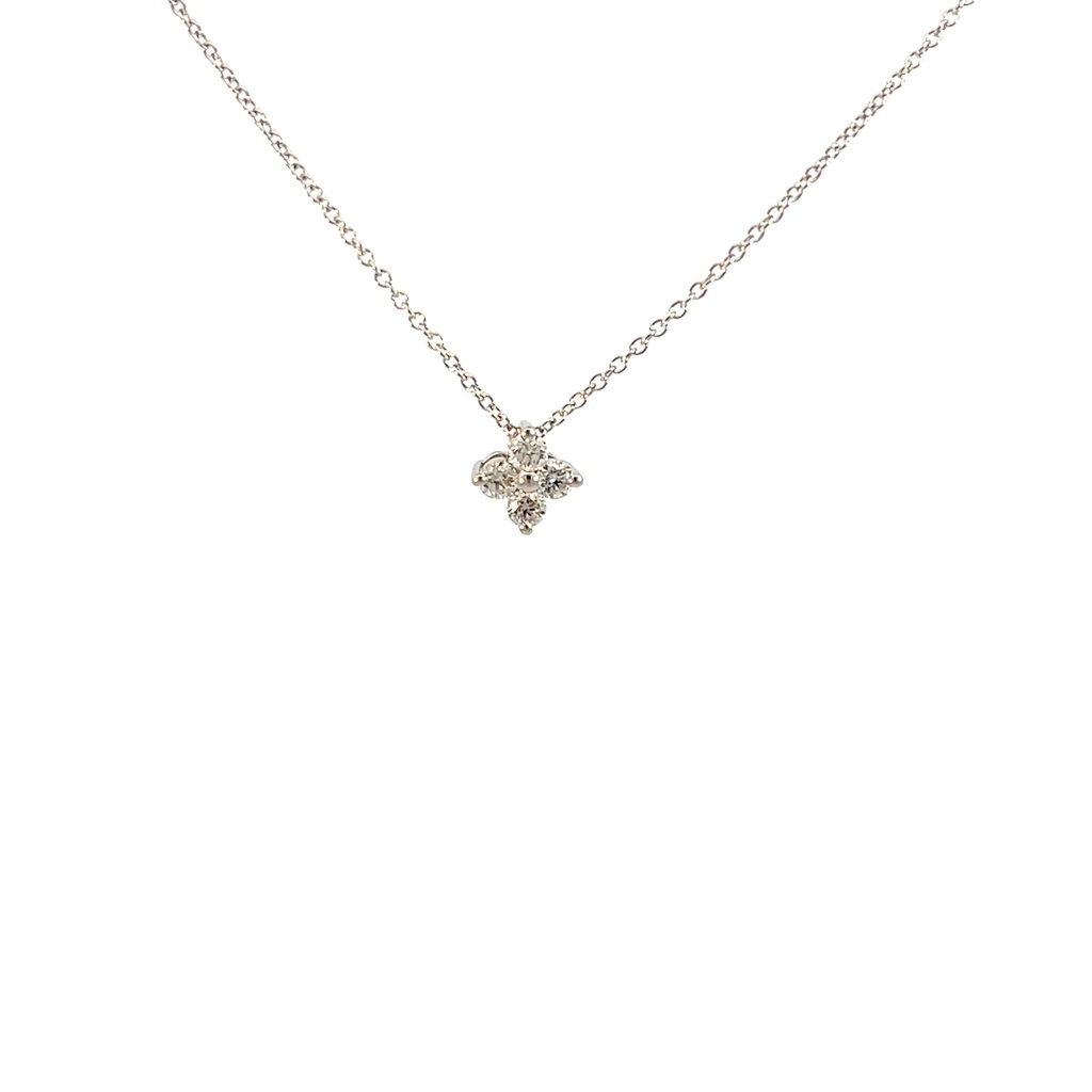 14Kt White Gold Clover Pendant Necklace With (4) Round Diamonds Weighing 0.26cttw