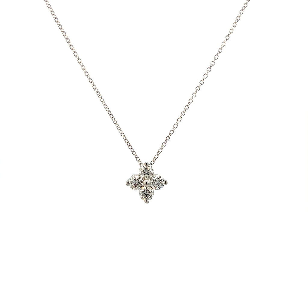 14Kt White Gold Clover Pendant Necklace With (4) Round Diamonds Weighing 0.75cttw