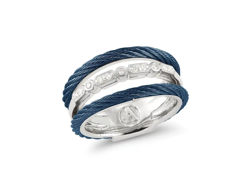 18Kt White Gold Blueberry Nautical Cable Three Row Diamond Ring 0.09cttw