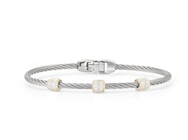 18Kt Yellow Gold Grey Nautical Cable Triple Barrel Station Bracelet With (24) Round Diamonds Weighing 0.21cttw