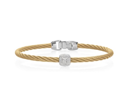 18Kt White Gold Yellow Twisted Nautical Cable Single Square Station Bracelet With (9) Round Diamonds Weighing 0.05cttw