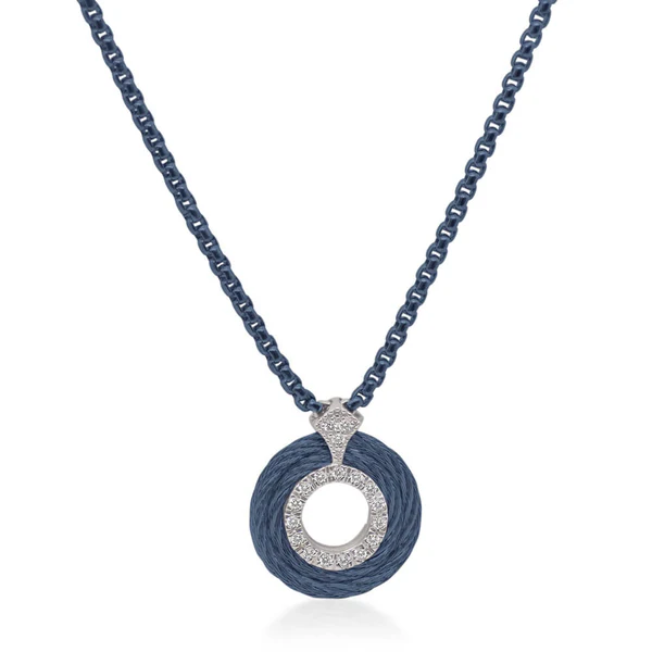14Kt White Gold Blueberry Nautical Cable Three Row Circle Pendant Necklace With (18) Round Diamonds Weighing 0.15cttw