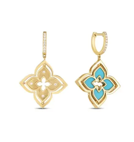 18Kt Yellow Gold Venetian Princess Pirouette Turquoise Earrings With (24) Round Diamonds Weighing 0.19cttw