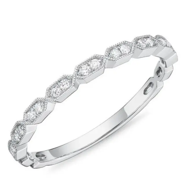 18Kt White Gold Vintage Stackable Band With (18) Round Diamonds Weighing 0.08cttw