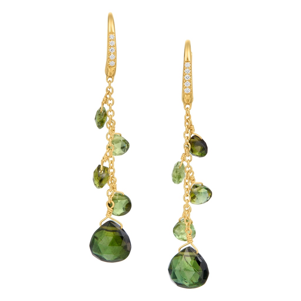 18Kt Yellow Gold Paradise Green Tourmaline Earrings With (10) Round Diamonds Weighing 0.05ct