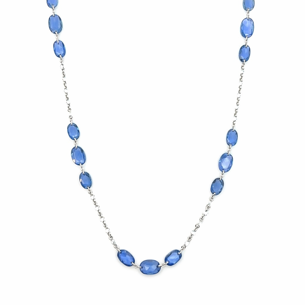 [6679-1] 18Kt White Gold Chain Necklace With Round Diamonds Weighing 2.72ct And Oval Sapphires Weighing 8.86ct