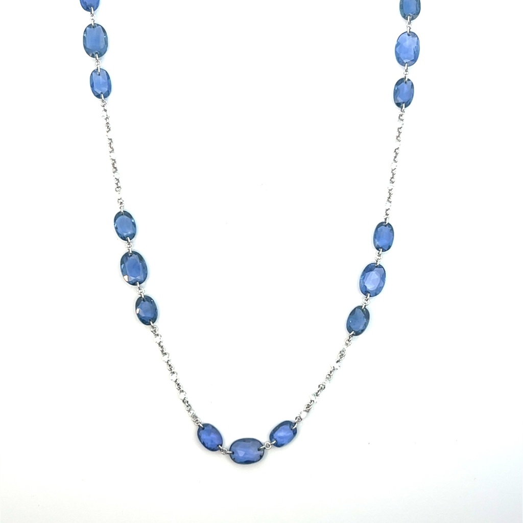 [6679-1] 18Kt White Gold Chain Necklace With Round Diamonds Weighing 2.72ct And Oval Sapphires Weighing 8.86ct