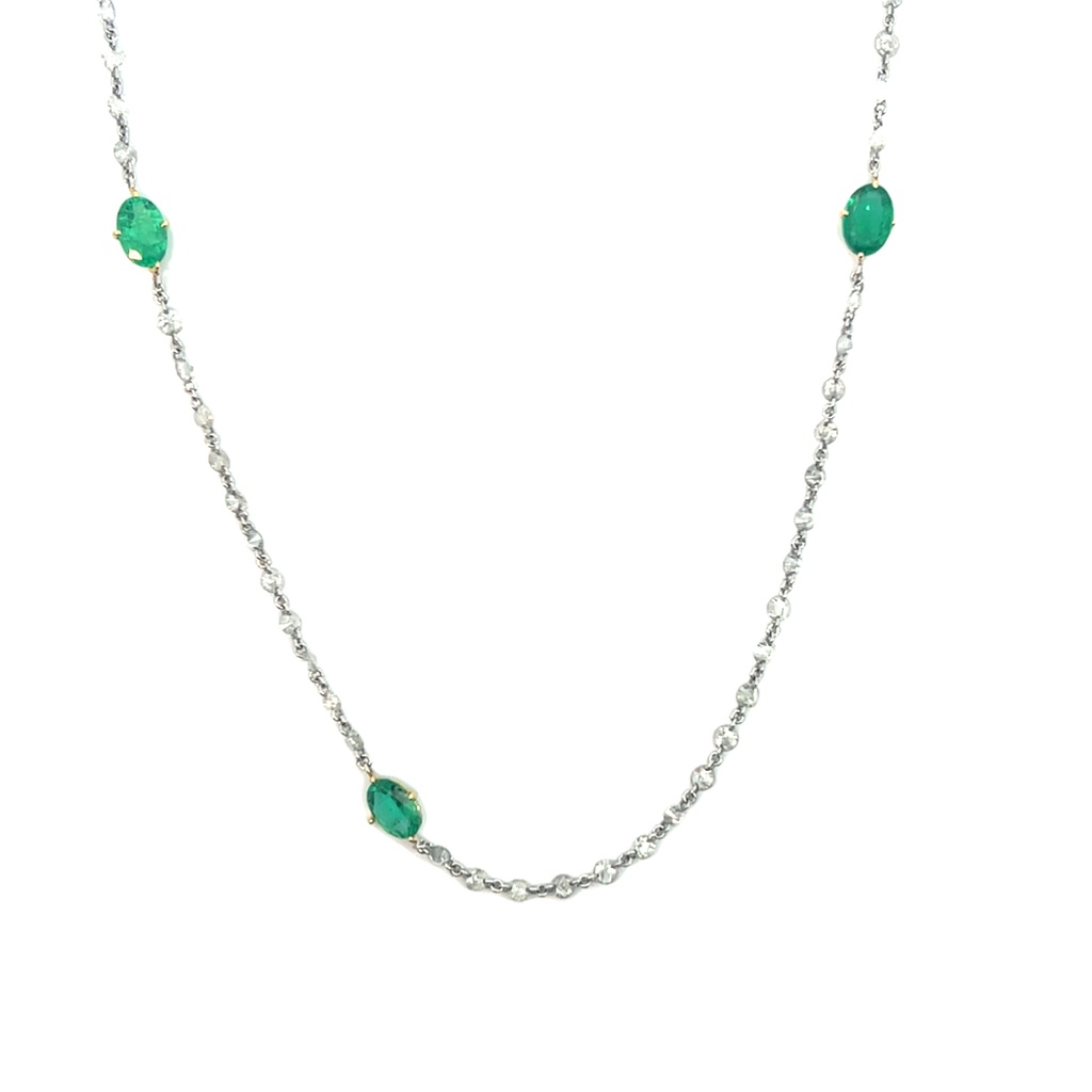 [6572-4] 18Kt Two Toned Chain Necklace With Emeralds Weighing 3.42ct And Diamonds Weighing 5.99ct