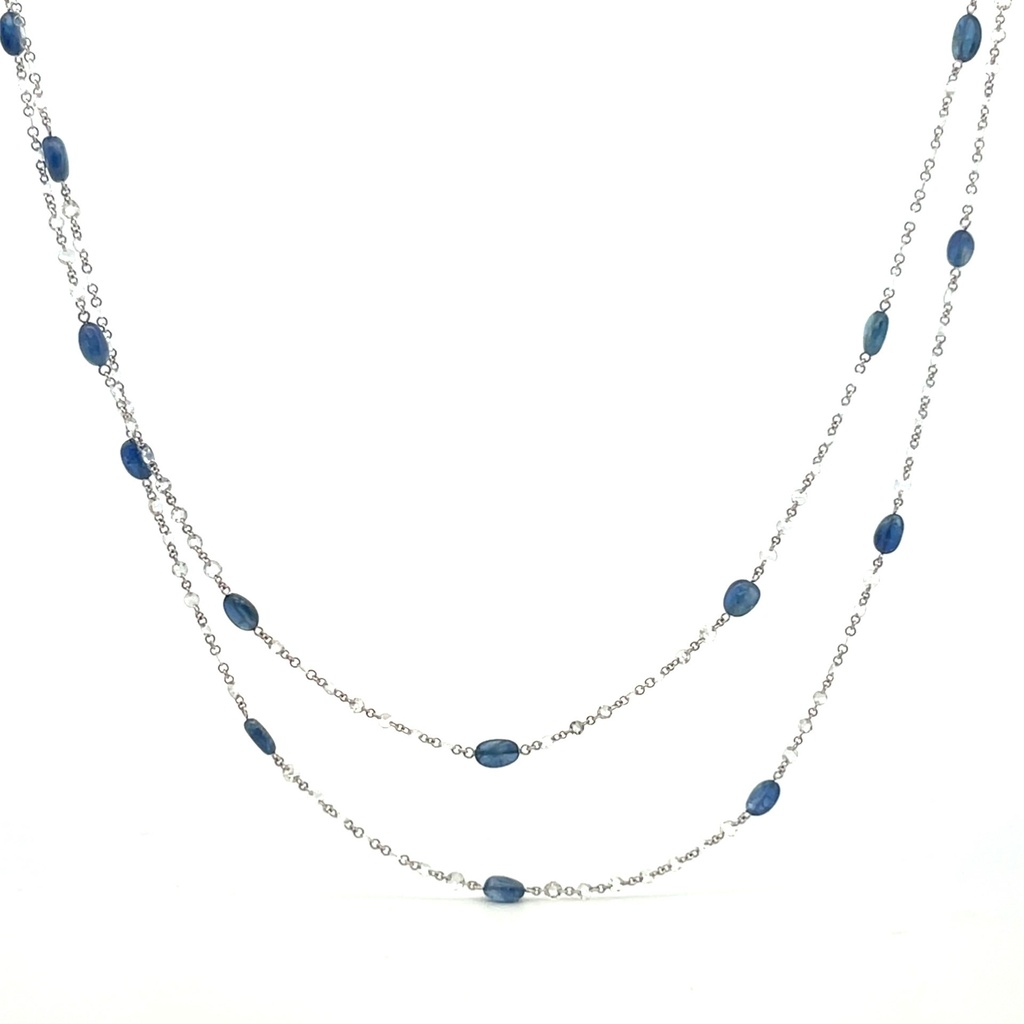 [30087] 18Kt White Gold Long Necklace With Rose Cut Diamonds Weighing 5.10ct And Sapphires Weighing 16.85ct