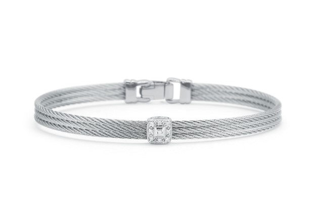 18Kt White Gold Grey Nautical Cable Square Station Bracelet With (9) Round Diamonds Weighing 0.05cttw