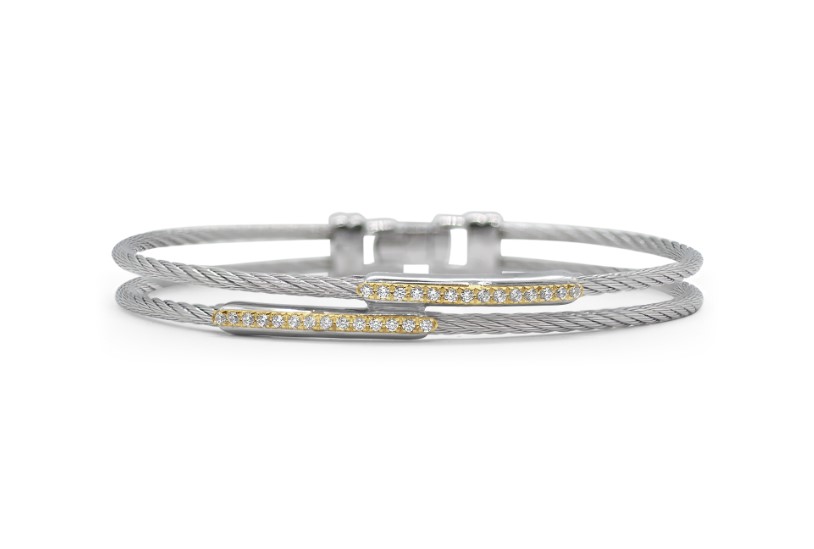 18Kt Yellow Gold Grey Nautical Cable Two Bar Station Bracelet With (28) Round Diamonds Weighing 0.23cttw